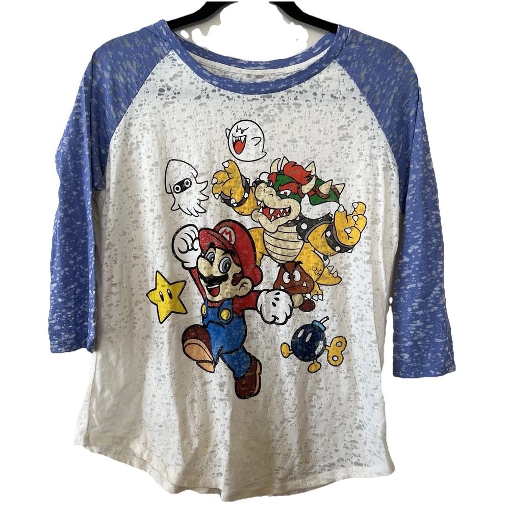 Super Mario Bros Graphic T-Shirt Unisex Kids XL Burnout Blue Purple Nintendo New